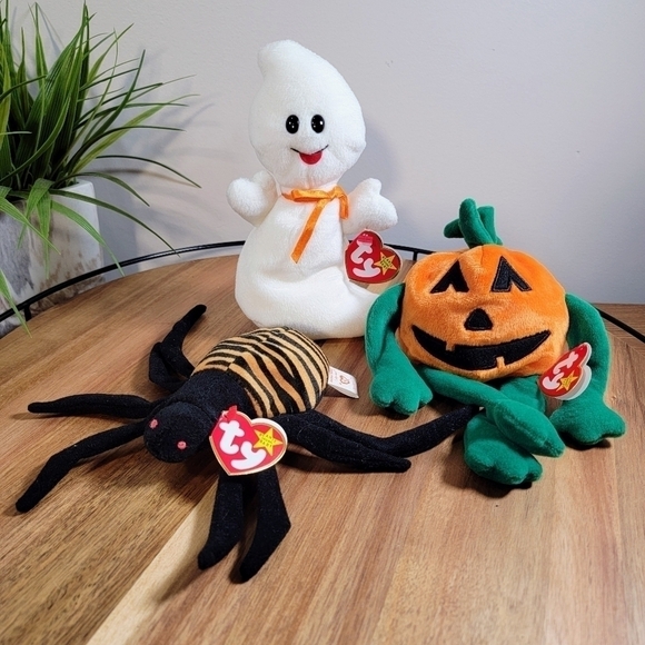 Vintage Ty Beanie Babies Lot of 3 Halloween Theme Ghost, Spider, Jack o Lantern - Picture 12 of 14